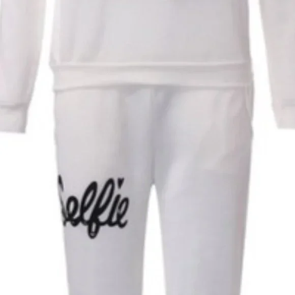 White Fleece SELFIE Sweatpants & Top Set Sweatshirt & Pants Set Bundle Lot - Picture 3 of 7